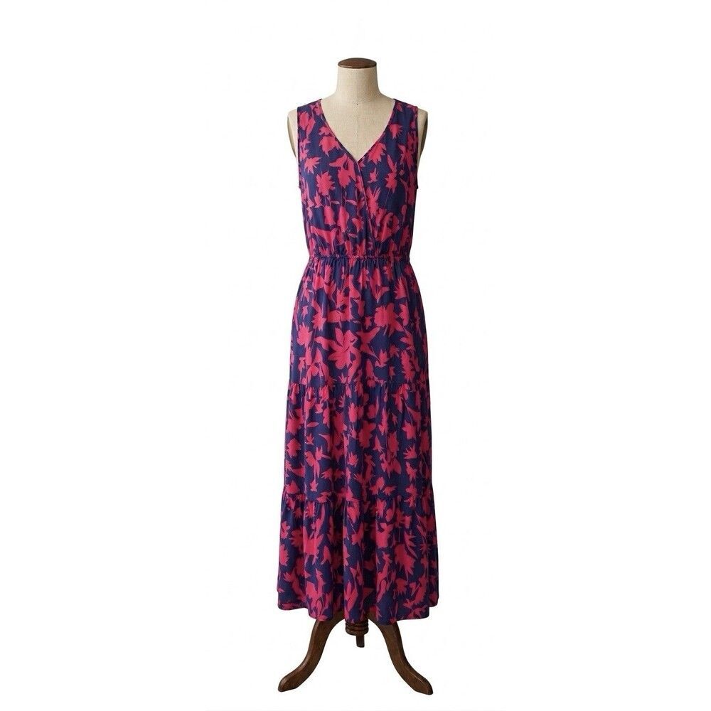 Floral Maxi Dress Size XL Navy Pink V-Neck Elastic Waist Summer Long Dress